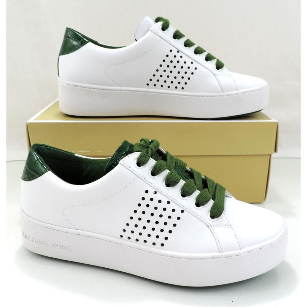 Michael Kors Poppy Lace Up Platform Sneaker Leather Optic White / Green - Picture 5 of 8